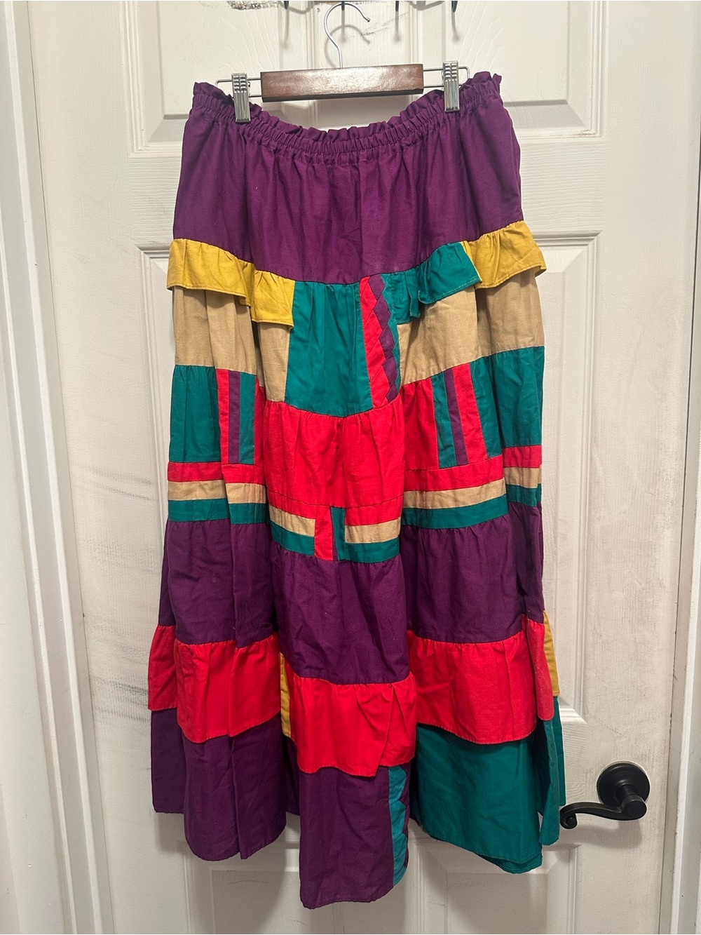 Bohemian Tiered Ruffled Patchwork Skirt in Purple, Teal & Red